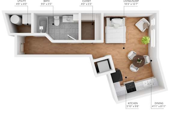 A diagram of a small apartment layout with labeled rooms.