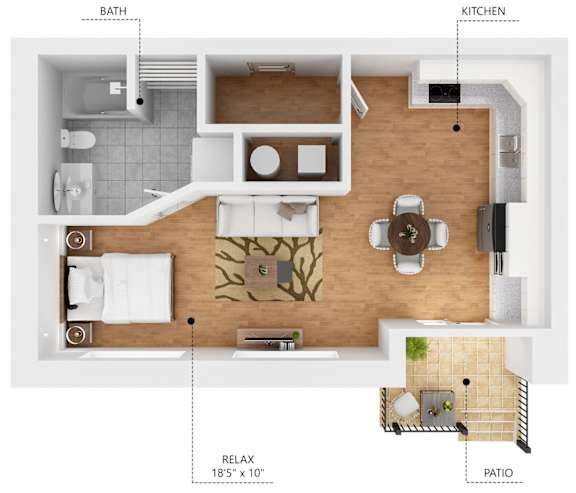 A diagram of a house layout with a bath, kitchen, patio, and relaxation area.