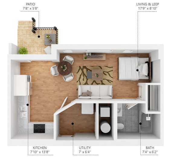 A floor plan of a small apartment with a living room, kitchen, bathroom, and patio.