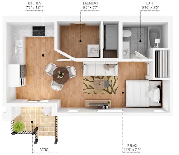 A diagram of a small apartment with a kitchen, bathroom, laundry room, and patio.