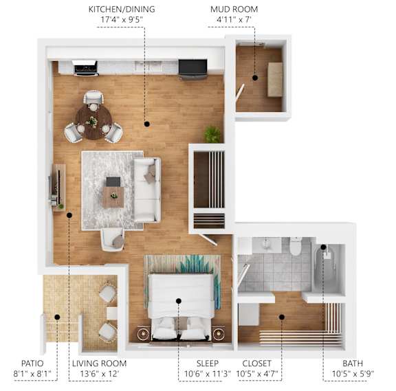 A floor plan of a small apartment with a kitchen, living room, bathroom, and bedroom.