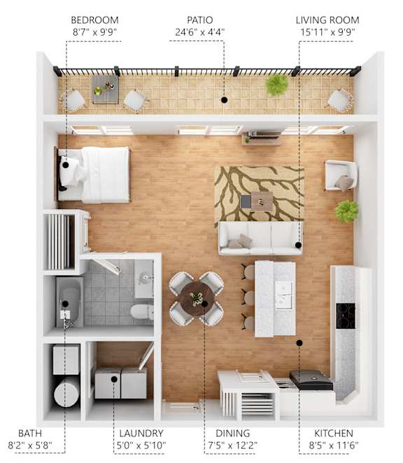 A floor plan of an apartment with a bedroom, living room, kitchen, bathroom, and laundry area.