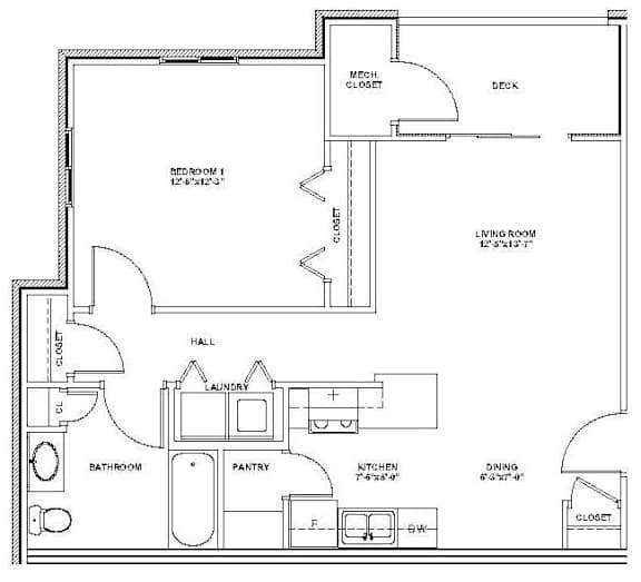 A floor plan of a house with a bedroom, living room, kitchen, bathroom, pantry, laundry, and a deck.