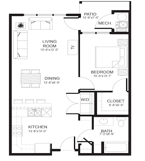 A black and white image of a house floor plan with a living room, dining room, kitchen, bedroom, bathroom, and patio.