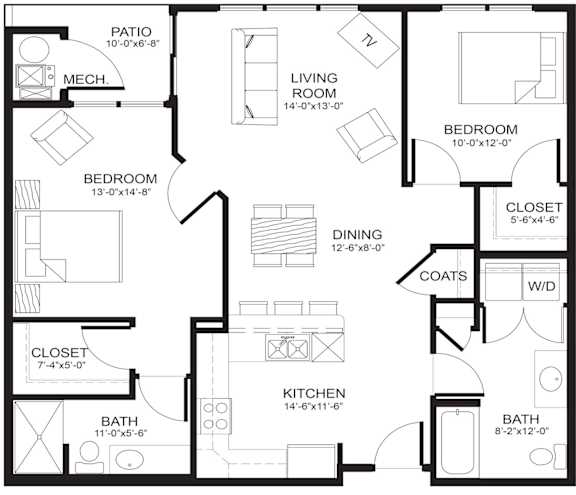 A black and white image of a house floor plan with a patio, two bedrooms, a living room, a kitchen, two bathrooms, and two closets.