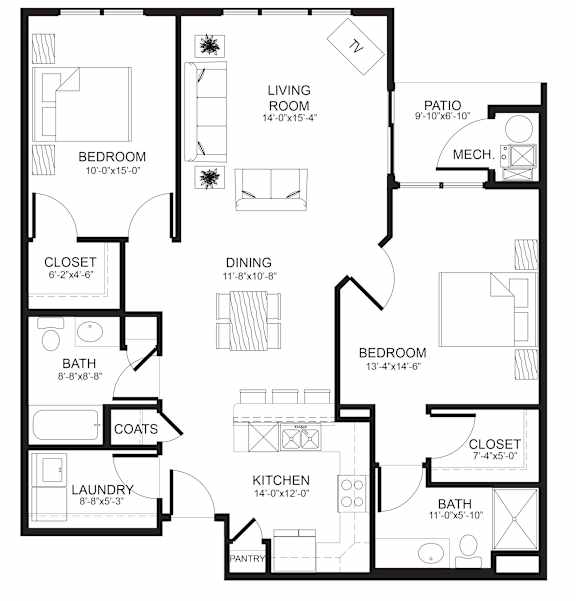 A black and white image of a floor plan for a house with a living room, dining room, kitchen, pantry, and two bedrooms.