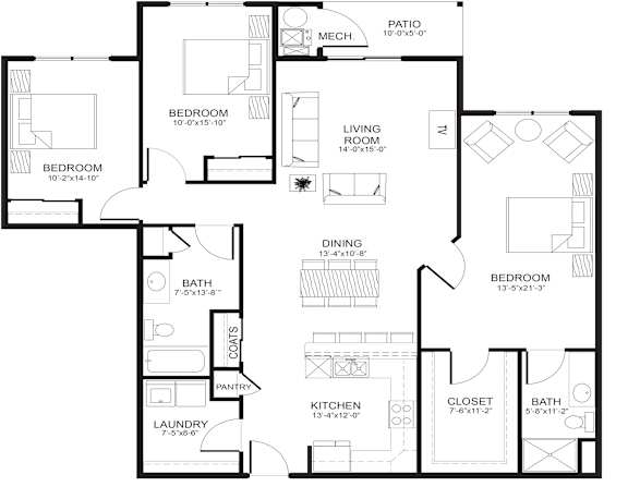 A black and white image of a floor plan for a house.