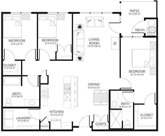 A black and white image of a floor plan for a house with labeled rooms.