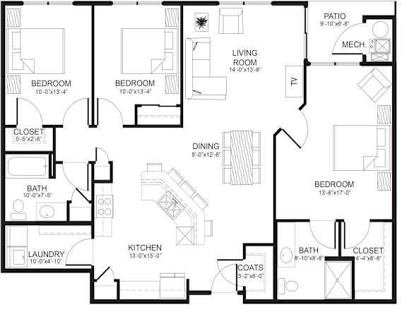 A black and white image of a house floor plan with a living room, two bedrooms, a bath, a laundry area, a kitchen, a dining room, and a patio.