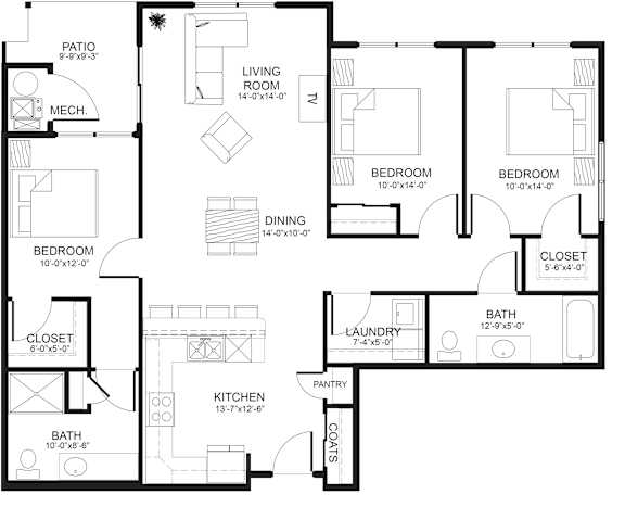 A black and white floor plan of a house with labeled rooms.