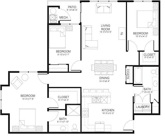 A black and white image of a house floor plan.