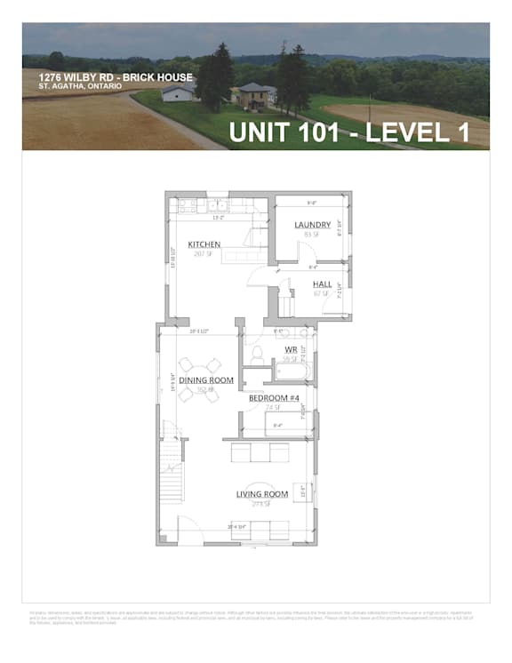 A floor plan for a house with a living room, dining room, kitchen, and bathroom.