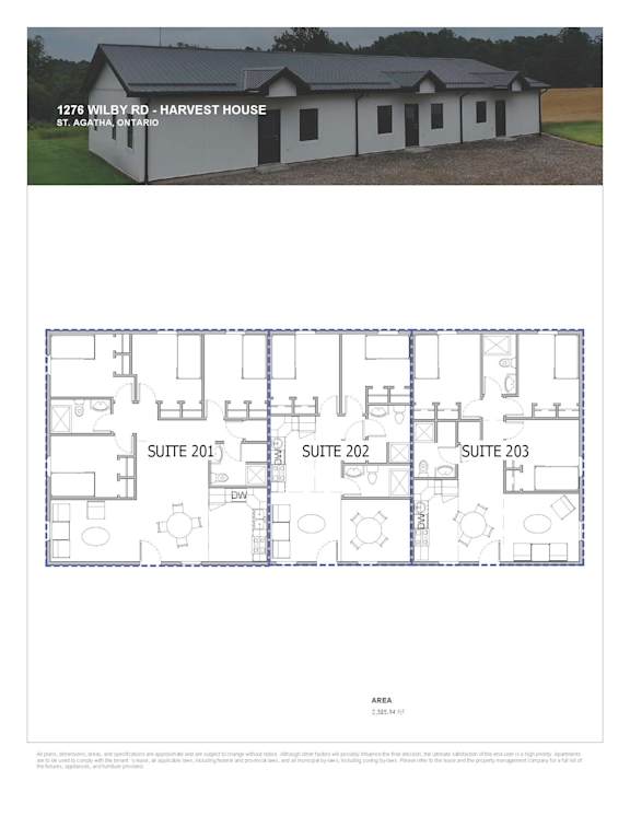 A floor plan for a harvest house is shown with three suites.