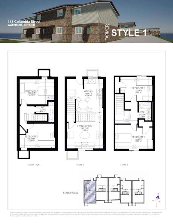 A house plan for a 143 Columbia Street in Waterloo, Ontario is presented.