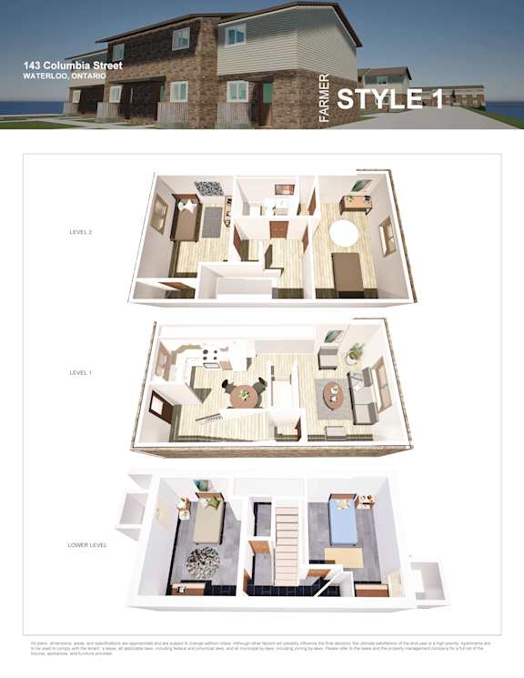 A house with three levels of floor plans for a property located at 143 Columbia Street, Waterloo, Ontario.