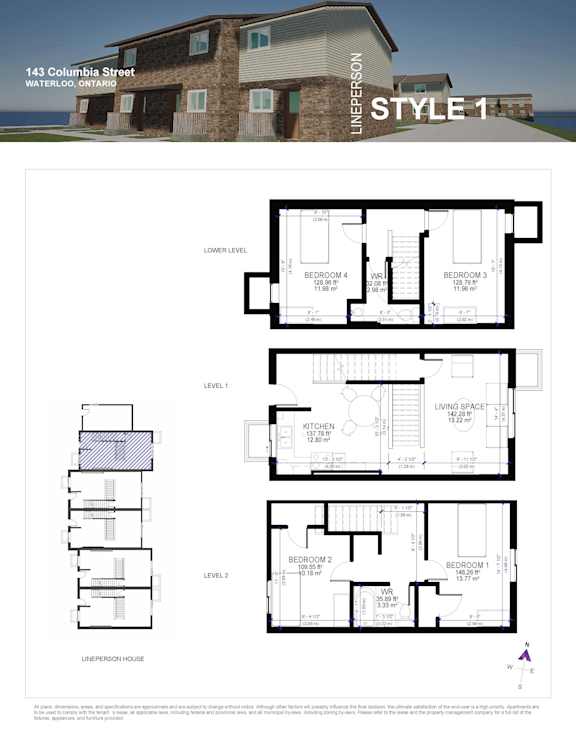 A house plan for a LINEPERSON house located at 143 Columbia Street, Waterloo, Ontario.