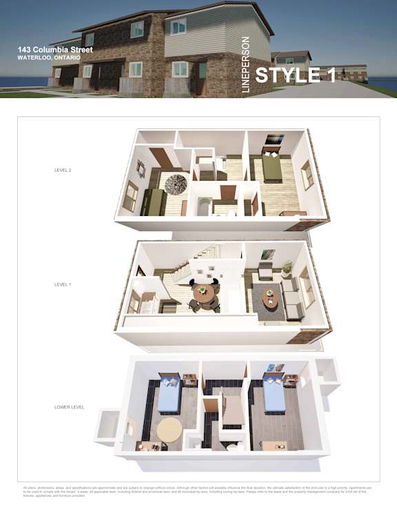 A house with three levels of floor plans and a title of "143 Columbia Street Waterloo, Ontario".
