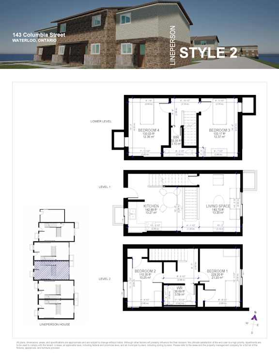 A house plan for a LINEPERSON house located at 143 Columbia Street, Waterloo, Ontario.