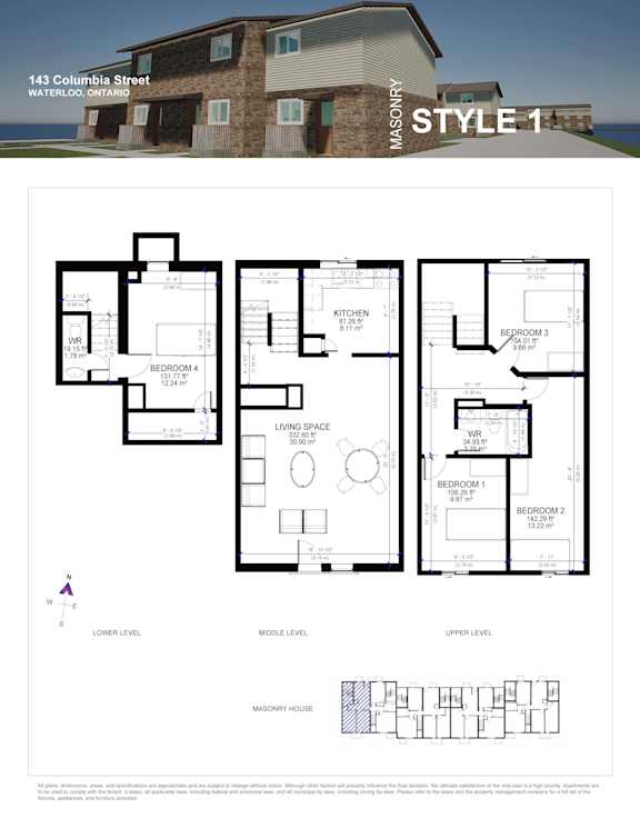 A house plan for a masonry style home is shown with three different floor plans.