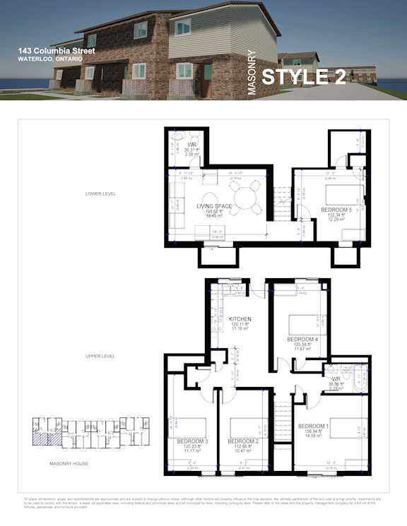 A house plan for a two-story masonry house with a garage.