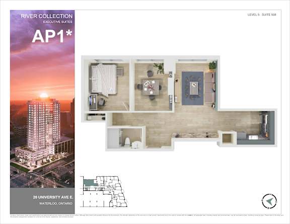 A brochure for the River Collection Executive Suites AP1, showing a floor plan and an exterior image of the building.