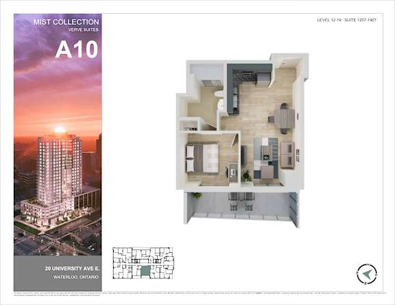 A brochure for the Mist Collection Verve Suites, including a floor plan and an exterior image of the building.
