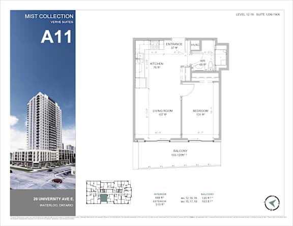 A poster for Mist Collection Verve Suites shows a floor plan for a suite at 20 University Ave E, Waterloo, Ontario.