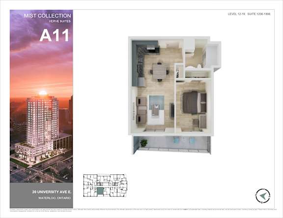 A brochure for a Mist Collection apartment with a floor plan and an exterior image of the building.