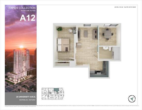 A brochure for the Rapids Collection A12 Signature Suites at 20 University Ave E, Waterloo, Ontario.
