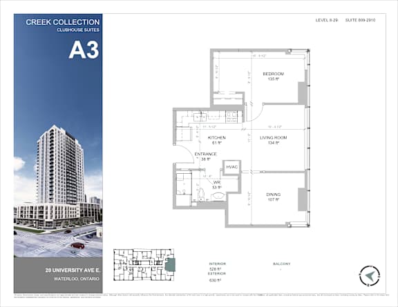 A blue poster for the Creek Collection Clubhouse Suites at 20 University Ave, Waterloo, Ontario.