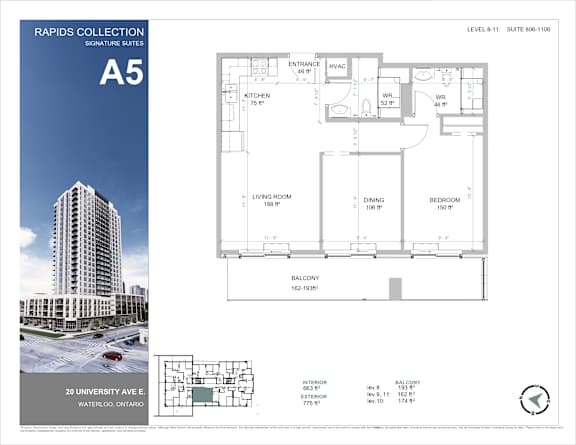 A brochure for the Rapids Collection A5 Signature Suites at 20 University Ave E, Waterloo, Ontario.