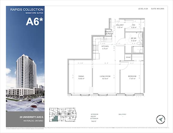 A drawing of a floor plan for an apartment in the Rapids Collection.