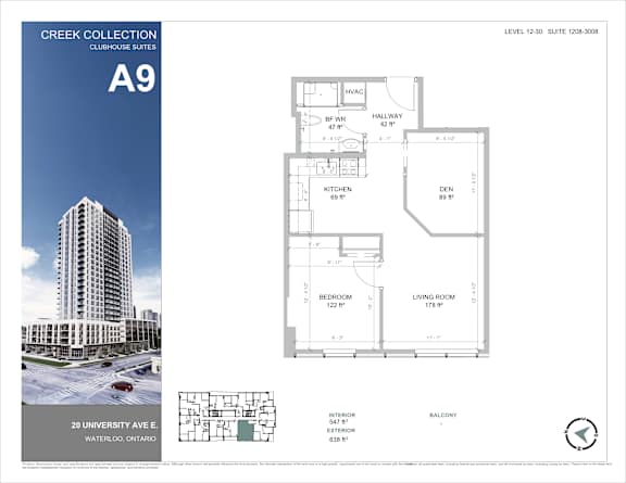 A blue poster for the Creek Collection A9 clubhouse suites in Waterloo, Ontario.