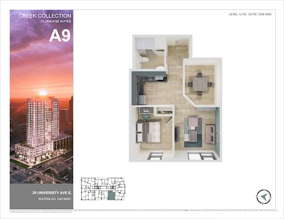 A brochure for the Creek Collection Clubhouse Suites at 20 University Ave E, Waterloo, Ontario.