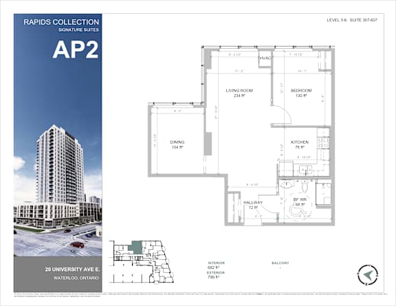 A brochure for the Rapids Collection Signature Suites at 20 University Ave E, Waterloo, Ontario, showing a floor plan for Suite 204-007.