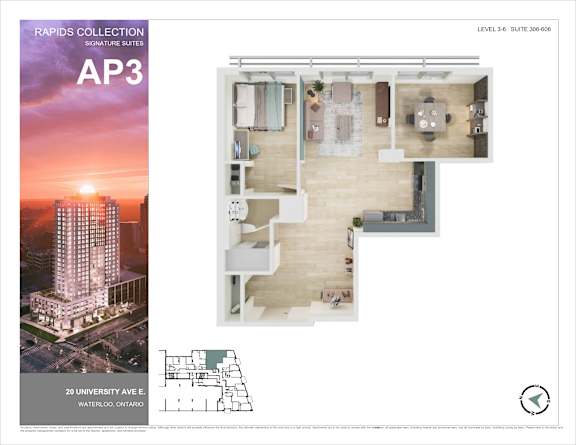 A brochure for the Rapids Collection, showcasing a suite at level 3-4, suite 306 608, with an aerial view of the building, a detailed floor plan, and a smaller in