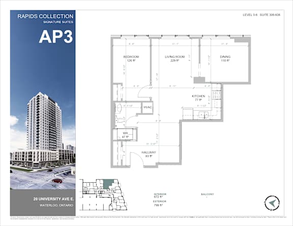 A brochure for the Rapids Collection Signature Suites AP3, a 24-story building located at 20 University Ave E, Waterloo, Ontario.