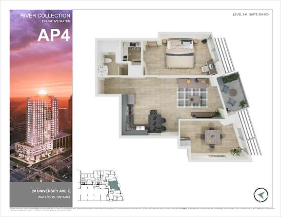 A brochure for the River Collection executive suites AP4 at 20 University Ave E, Waterloo, Ontario.