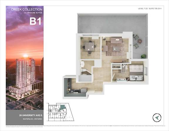 A real estate advertisement for a suite at the Creek Collection, showing a floor plan and an exterior image of the building.