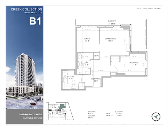A blue poster with a drawing of a building and a floor plan of a suite.
