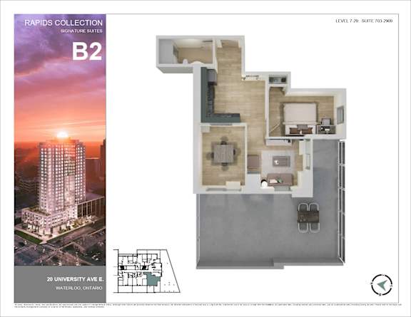 A brochure for the Rapids Collection B2 Signature Suites at 20 University Ave, Waterloo, Ontario.