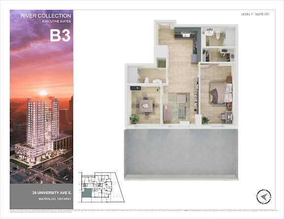 A brochure for River Collection Executive Suites shows a suite layout and a picture of the building.