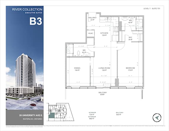 A blue and white image of a River Collection building with a floor plan of a suite.