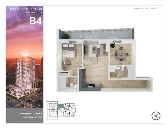 A brochure for the Rapids Collection B4 Signature Suites at 20 University Ave, Waterloo, Ontario.