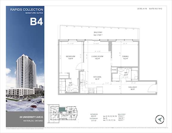 A brochure for the Rapids Collection Signature Suites at 20 University Ave E, Waterloo, Ontario, showcasing a building and floor plans for Suite B4.