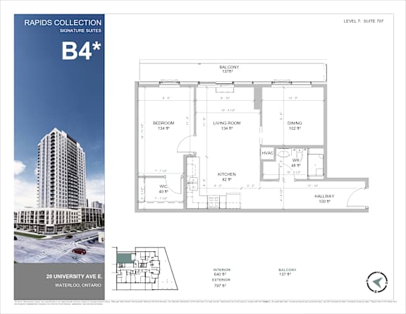 A brochure for the Rapids Collection Signature Suites at 20 University Ave E, Waterloo, Ontario, showcasing a building and a detailed floor plan for Suite B4*.