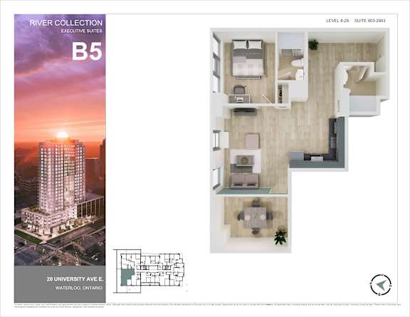 A brochure for River Collection Executive Suites B5, located at 20 University Ave E, Waterloo, Ontario, showcasing a floor plan and exterior view of the building.