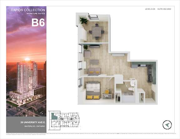 A brochure for the Rapids Collection B6 Signature Suites at 20 University Ave E, Waterloo, Ontario.