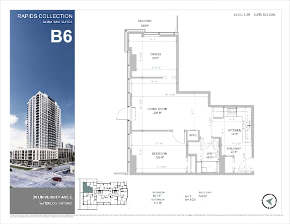 A brochure for the Rapids Collection B6 Signature Suites at 20 University Ave E, Waterloo, Ontario.