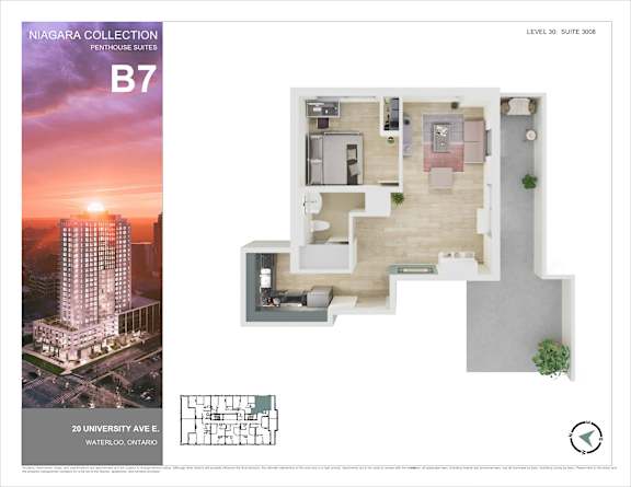 A brochure for the Niagara Collection Penthouse Suites B7, located at 20 University Ave E, Waterloo, Ontario.